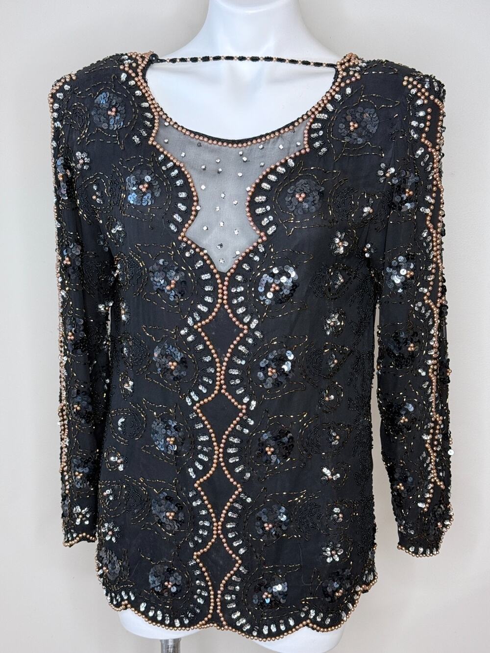 Vintage Oleg Cassini Black Silk Beaded & Sequined Long Sleeve Blouse Size M